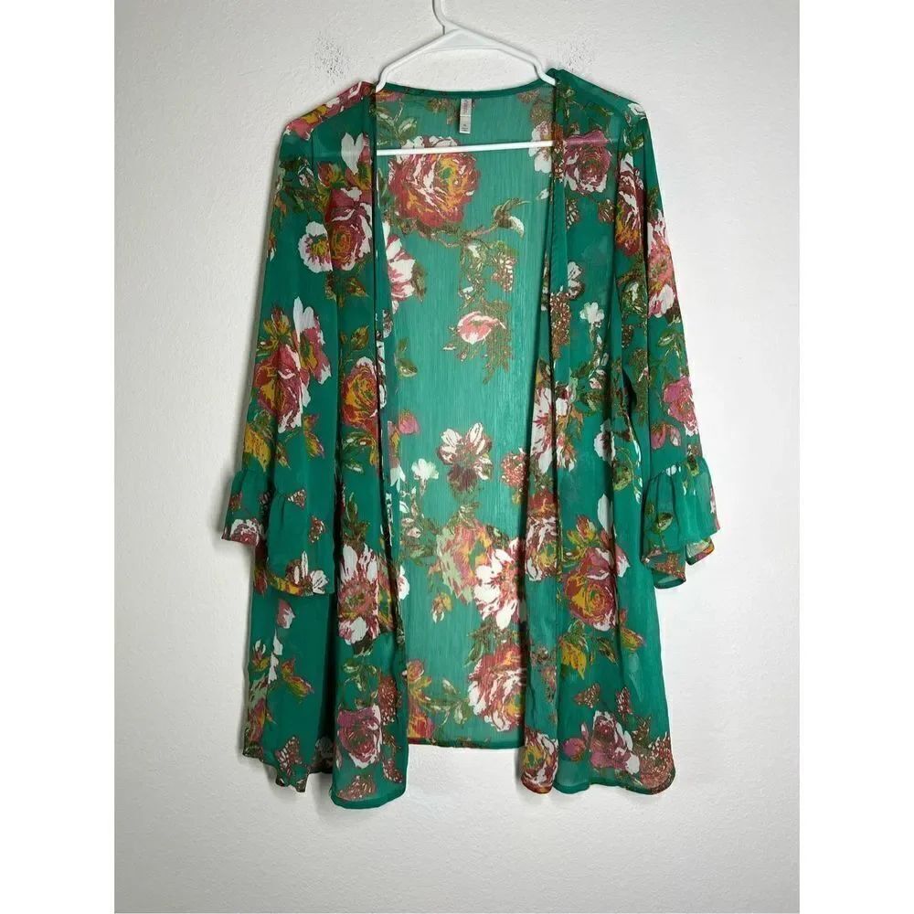 Xhilaration Cover Up Top Size XL Green Floral Open Front Long Bell Sleeves